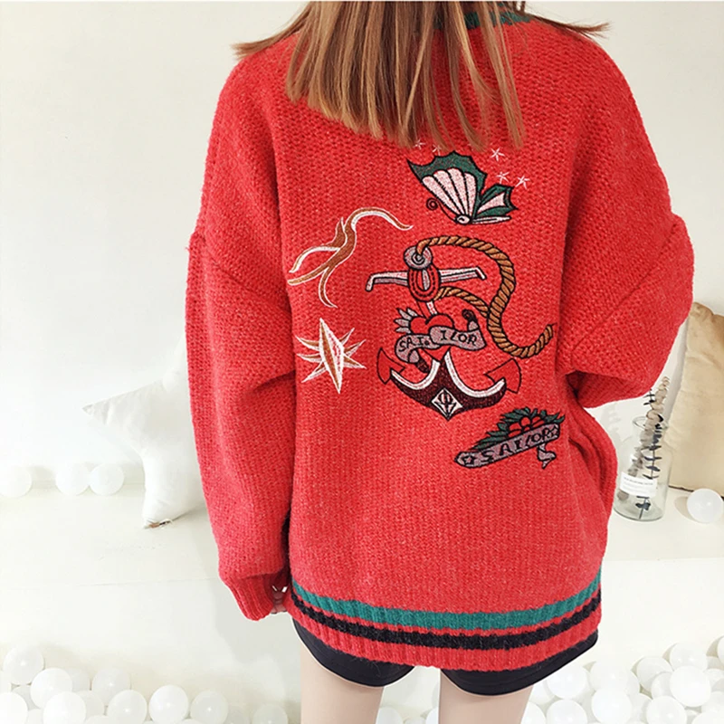 

Женский свободный трикотажный свитер с вышивкой животного, с длинным рукавом и V-образным вырезом, C 572