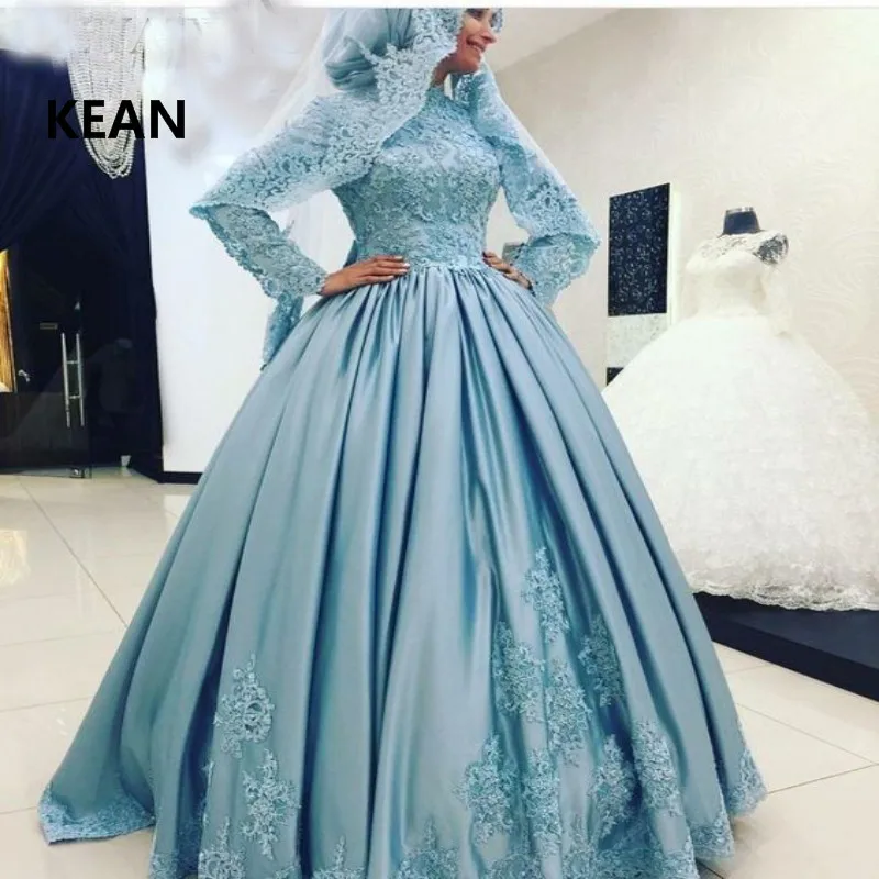 Атласные мусульманские свадебные платья с длинным рукавом бальное платье