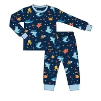 autumn clothes blue collar long sleeve top and navy blue trousers shark octopus and crab print pattern boys pajamas