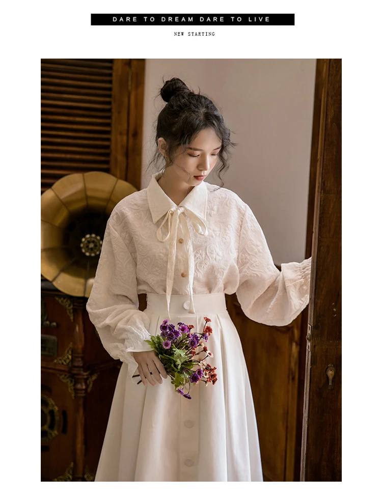 

Vintage Loose Single-breasted Polo Collar Bow White Shirt for Girls 2021 Spring White Princess Midi Dress Ladies Two Pieces Set