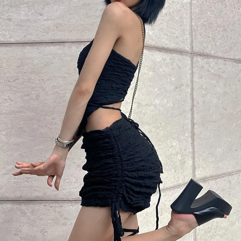 

Evessi Summer Bandage Croppes Top Backless Cross Back Ruched Mini Skirt Sexy Two Piece Set Black White Skirt Set Party Club