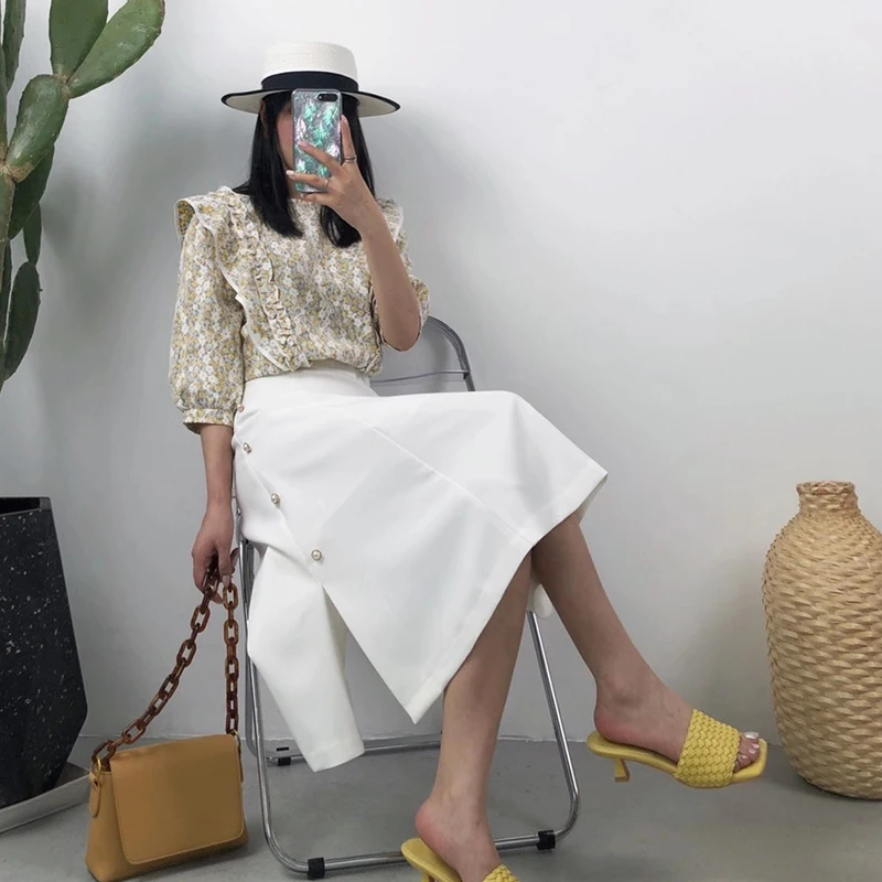 

GALCAUR White Skirt For Women High Waist A Line Mid Button Loose Minimalist Solid Skirts Female Fashion Clothing 2021 Summer New