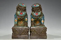 4chinese folk collection old bronze cloisonne enamel lion statue a pair gatekeeper lion sitting ornaments town house