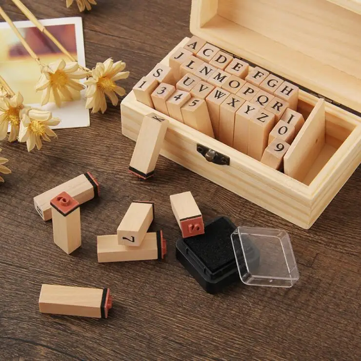 

New 2019 Anglais Cursive Digital English Stamp Wooden AlPhaBet Digital Letters Seal Set English Letter Stamp Wooden Box Gift