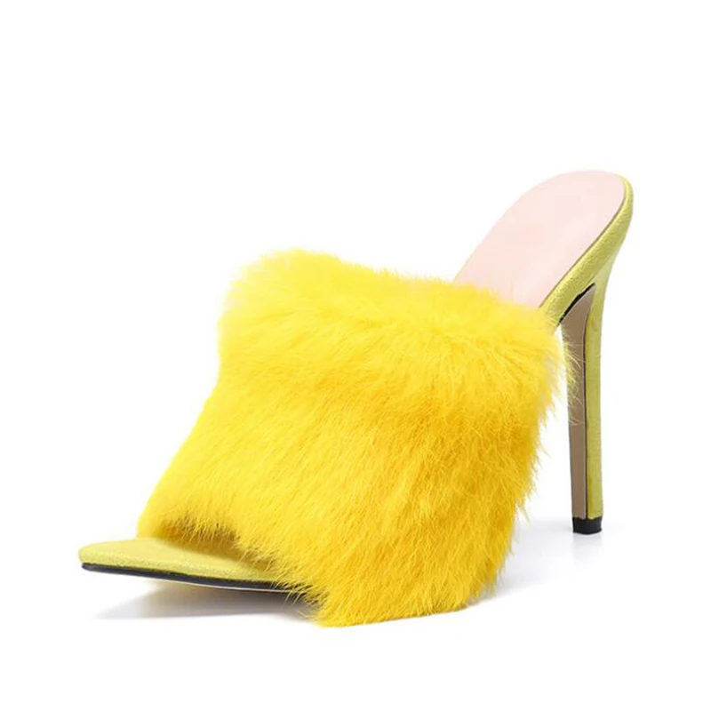

YIHONGMEIQIFur feather leather women's sandals stiletto slippers open toe high-heeled shoes fish mouth women's high-heeled shoes