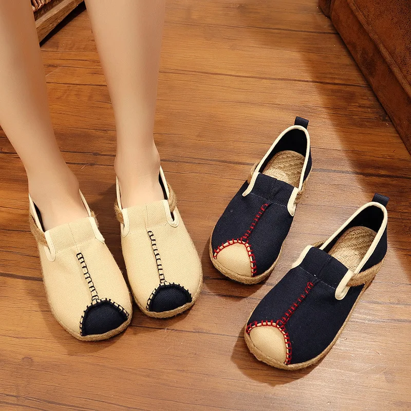 

Plus Size 35-44 New Autumn Flats Shoes Women Casual Linen Handmade Ladies Shoes Sewing Slip On Female Loafers XKD8023