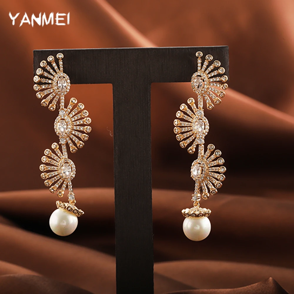 

Симметричные Роскошные серьги с павлиньим хвостом и жемчугом, длинные модные циркониевые свадебные украшения, высококачественные дизайне...