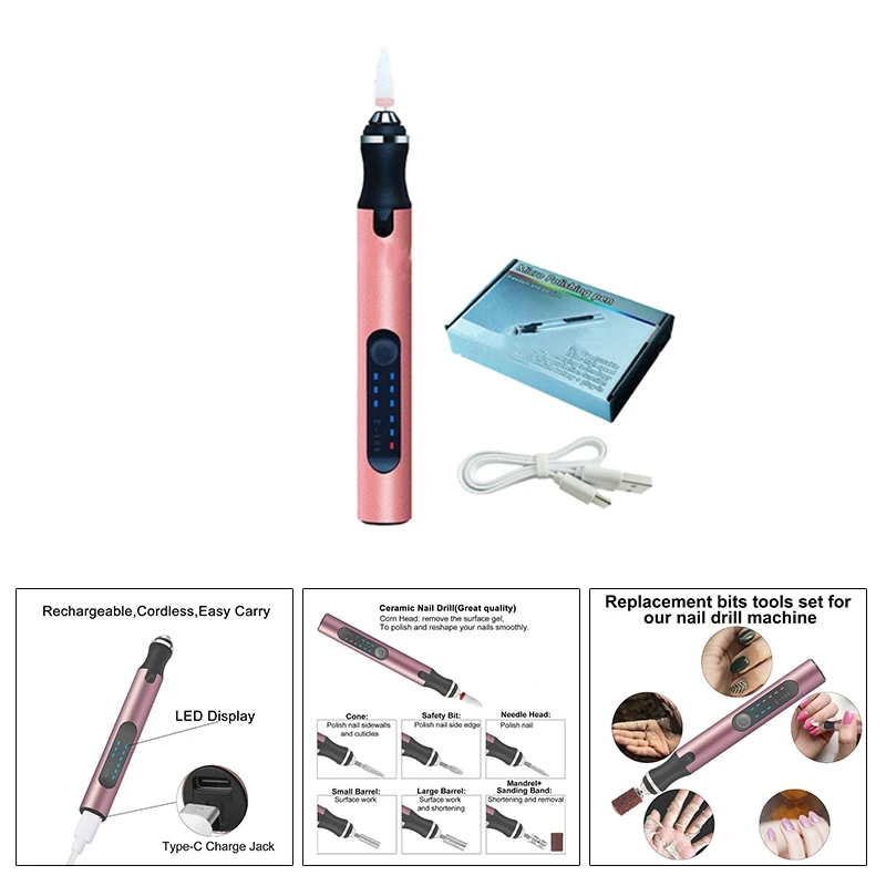 

Electric Nail Drill Set, Rechargeable Nail Pen, Portable Pedicure Polishing Shape Tool, Home Salon Nail Drill Set