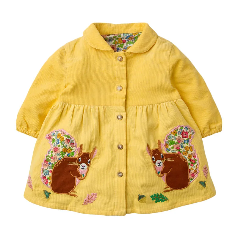 

Frocks for Baby Girl Brand Autumn Clothes Animal Applique Toddler Corduroy Peter Fan Collar Yellow Fall Dress for Kids 2-7 Years