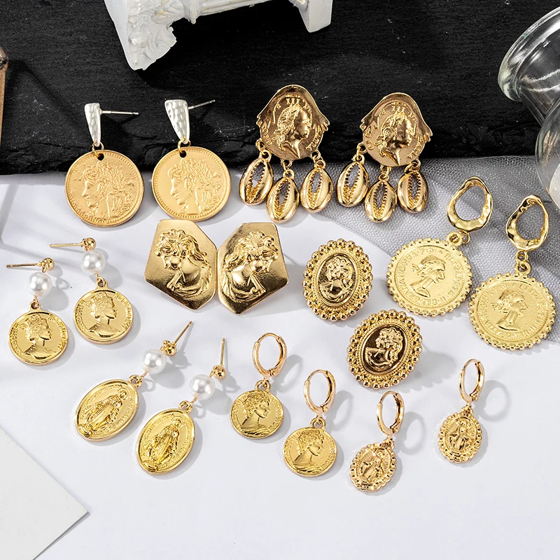 

New Punk Gold Color Coin Round Drop Earrings for Women Unusual Statement Carved Portrait Queen Earrings 2021 Trend Retro Jewelry