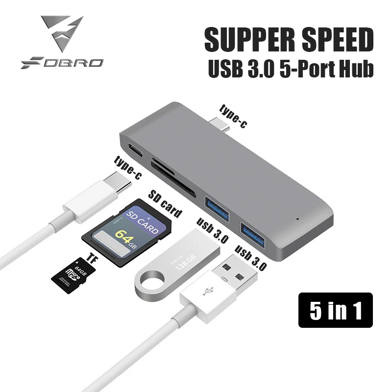 

FDBRO USB C Hub To TF SD Card Reader Slot Dock 3.0 PD Type-C Hub Thunderbolt 2 USB 5 in1 Adapter For MacBook Pro Air Accessories