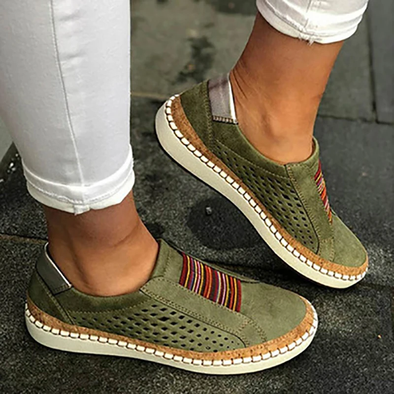 

2021 New Women Shoes Hand-stitched Striped Breathable Elastic Band Retro Casual Flat Suitable for Wide Leg Sneaker