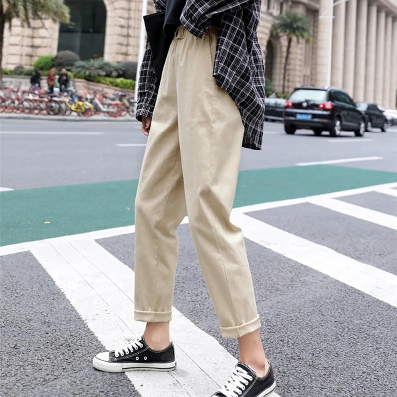 Бежевые повседневные штаны с высокой талией женские корейские узкие шаровары
