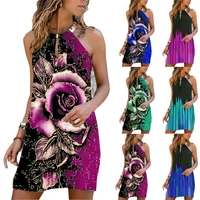 dresses woman summer 2021 sexy metal halter dress sleeveless hang neck summer loose lady flower dresses plus size causal outfits