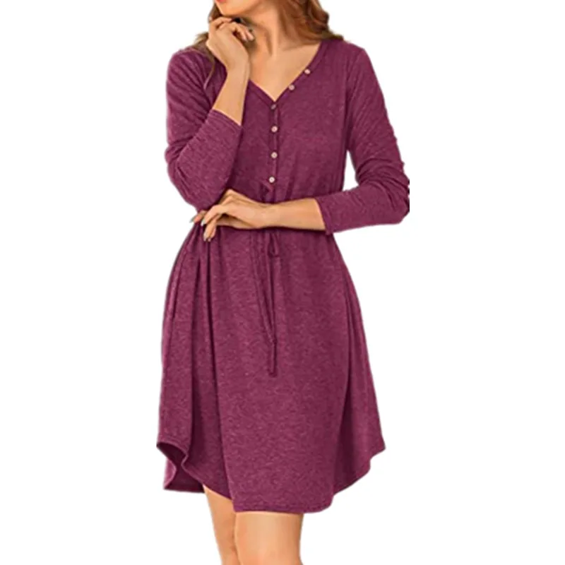 

2021 Ladies V-neck Fashion Long Sleeve Button Belt Dress Black