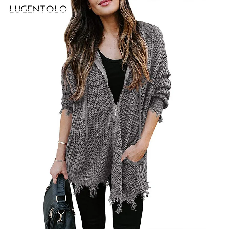

Women Cardigan Sweater Autumn Winter Hooded Casual Sweaters Zipper Solid Pocket Tassled Midi Sweater Lugentolo