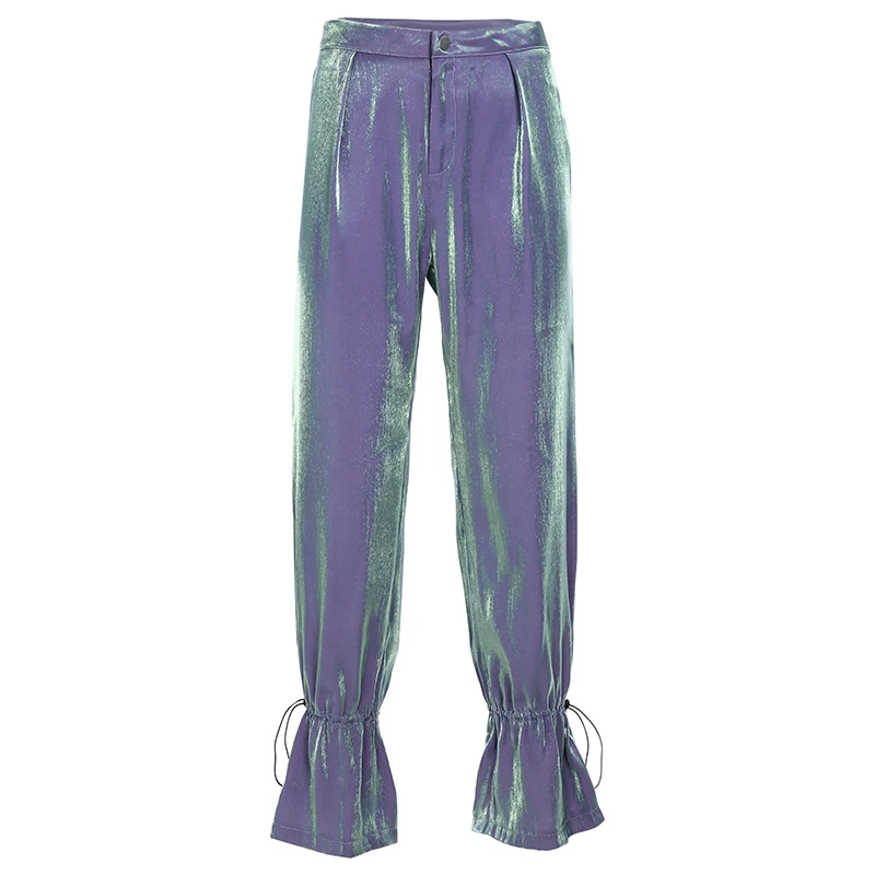 Голографические повседневные расклешенные брюки клеш хип хоп с высокой талией