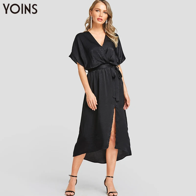 YOINS 2019 женское платье миди осеннее летнее сексуальное с v образным вырезом черное