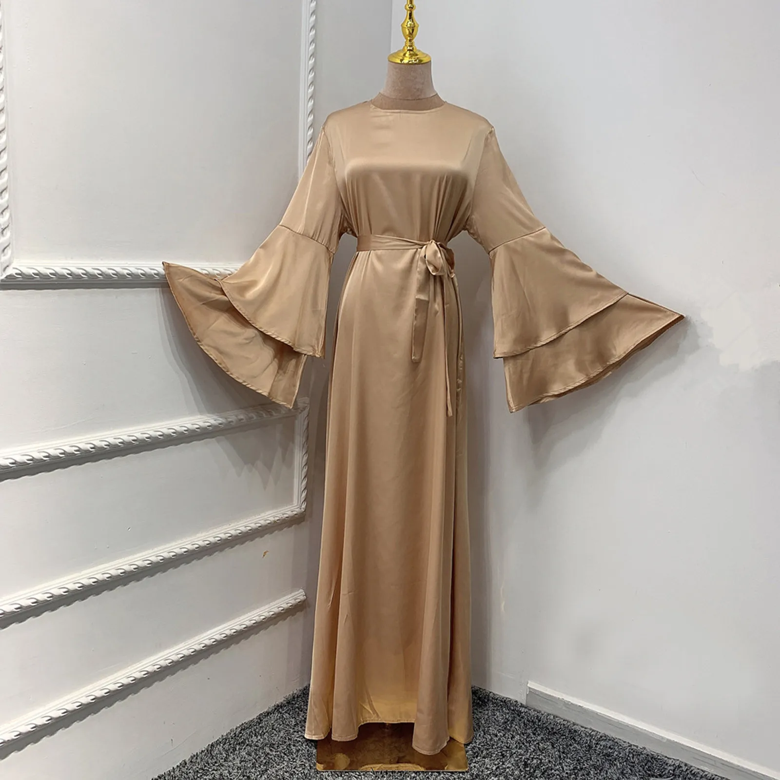 

40# Satin Bandage Maxi Dress 2021 High Split Elegant Solid Color Vintage Robe Full Sleeve Ankle Length Dress Oversize Robe Femme
