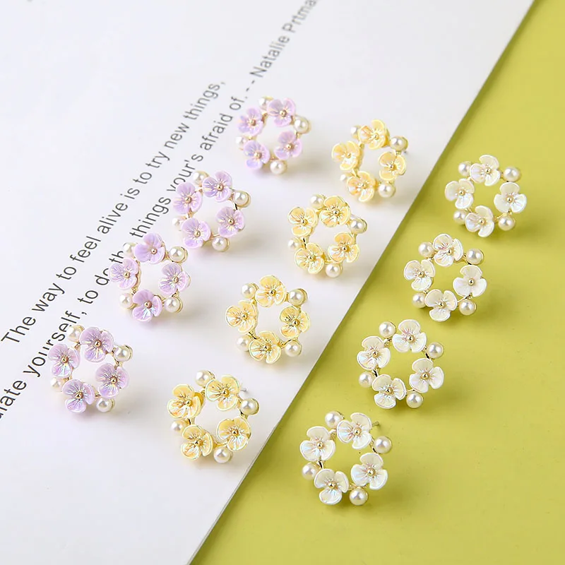 4pcs Japanese style Showa Shell Flower Pearl Earrings Hollow Garland sweet Statement stud Earring Girl DIY accessories matterial | Украшения