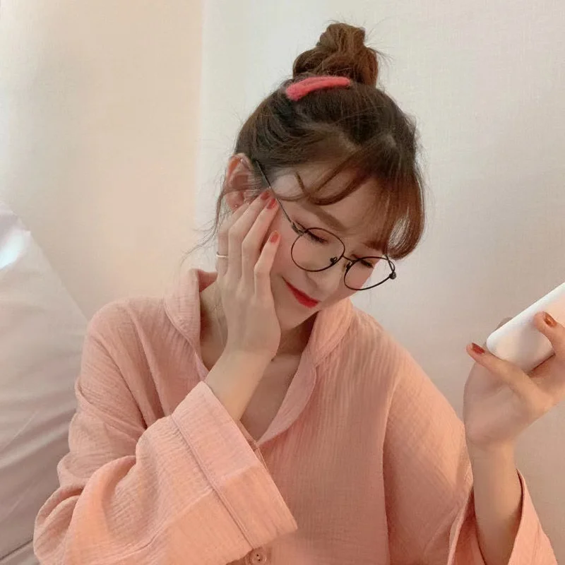 Spring Autumn Women's Sleep Lounge Pajamas Set 100% Gauze Cotton Sleepwear Long Sleeve Trousers Pyjamas Suits