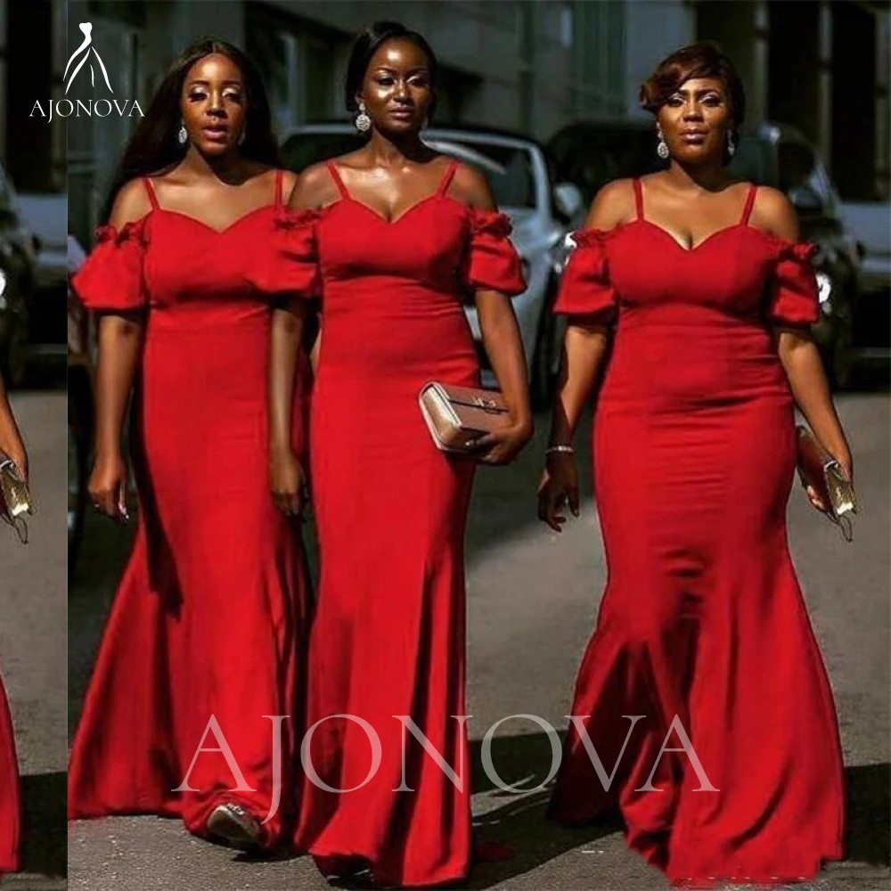 

Red Satin Dress for Wedding Party Formal Mermaid Paghetti Straps Bridesmaid Dresses for Women 2021 Elegant Wedding Bridesmaids