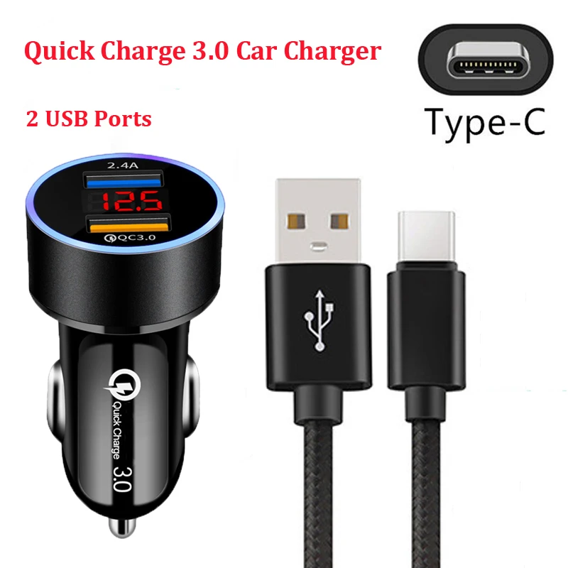 QC3.0 двойное автомобильное зарядное устройство USB Тип C плетеный кабель Быстрая