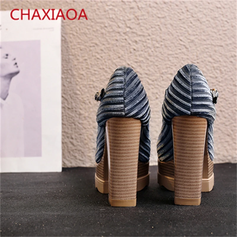 

CHAXIAOA Luxury Velvet Women Pumps Round Toe Striped Runway Platform Shoes Woman High Heels Buckle Strap Female Chunky Heel Pump