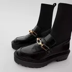 Женские трикотажные ботильоны стрейч, осень 2021 г., с цепочкой, с металлической пряжкой, на толстом каблуке