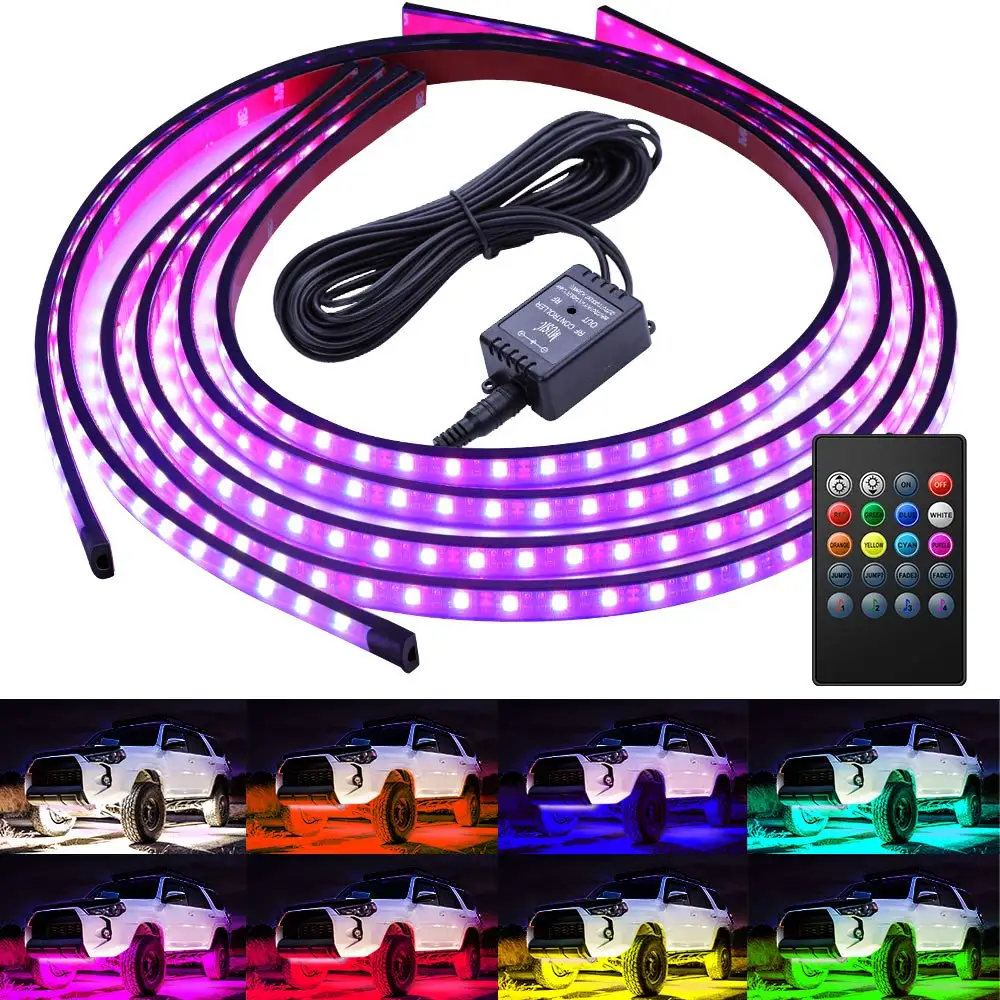 4 шт., автомобильный RGB светодиодный светильник, Светодиодная лента, светильник s для автомобиля, декоративная RGB неоновая полоса, беспроводная шасси, пульт дистанционного управления/Голосовое управление