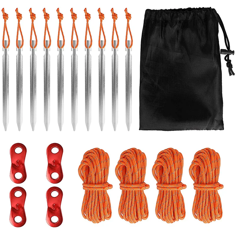 

10PcsTent Pegs Set Camping Tent Stakes Pegs 18cm Aluminium Alloy with Reflective Rope 4Pcs Ropes 4Pcs rope cord buckles