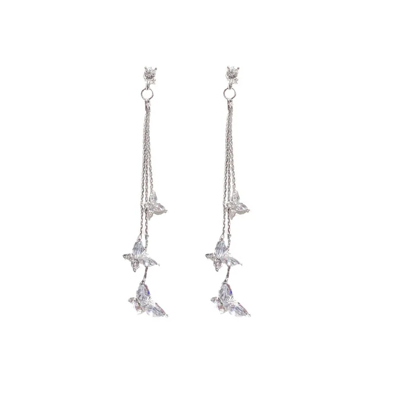 

S925 Long Crystal Butterfly Eardrop Female Korean Temperament Earrings Fashion Jewelry 2021 Earrings for Women Wholesale