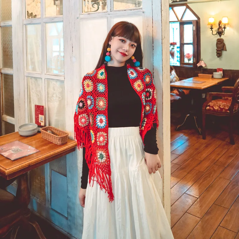 

Bohemian Handmade Crocheted Shawl Spring Autumn Knitting Scarves For Women Ethnic Scarf Bufanda