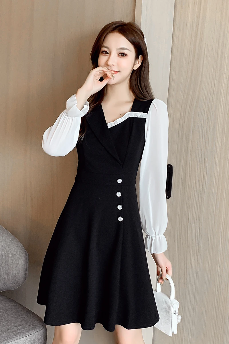 

COIGARSAM Women one-piece dress korean New Spring High Waist Dresses Black 3662