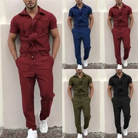 men stylish short sleeve pockets drawstring zip jumpsuit coverall work clothes