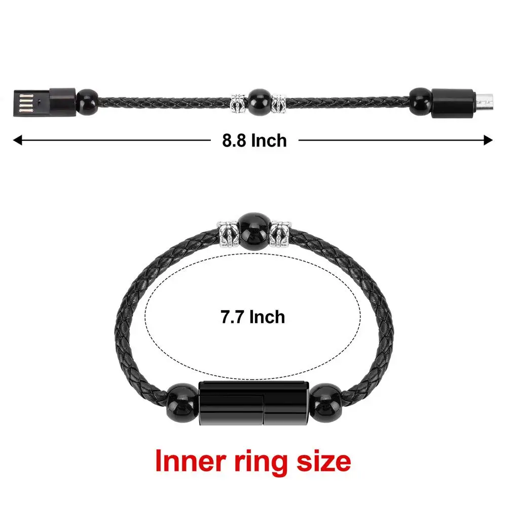 Usb зарядный кабель браслет черный прочный кожаный плетеный портативный