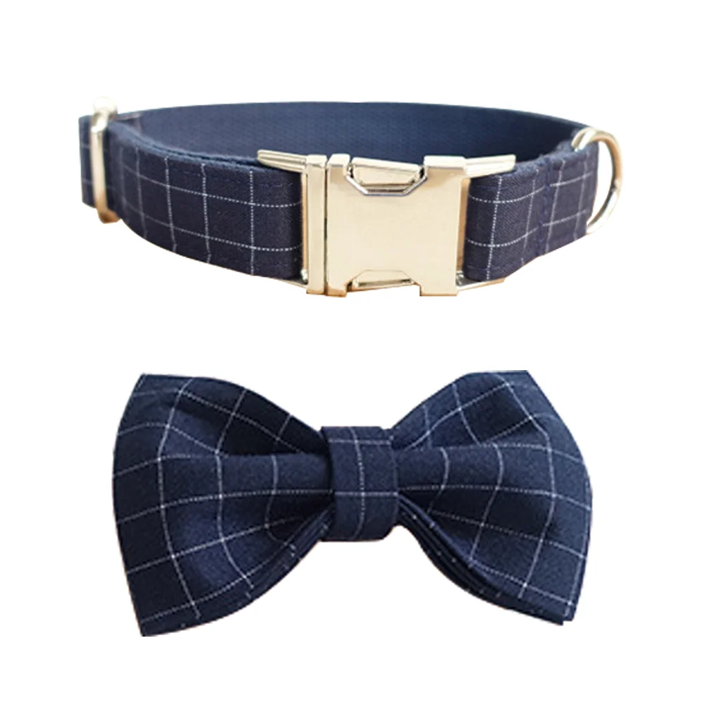 Темно синий клетчатый собачий ошейник и поводок с галстуком бабочкой
