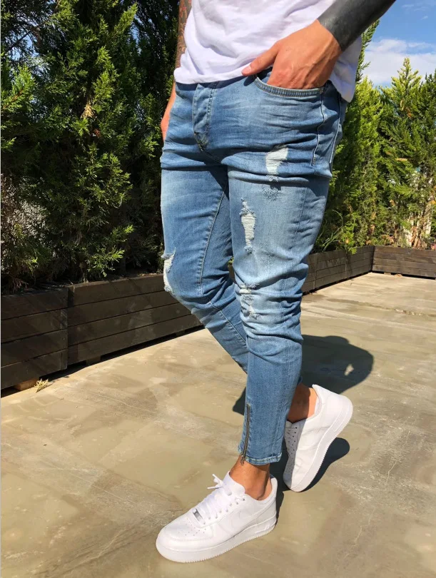 

High quality men's pierced jeans elastic ankle zipper cropped jeans