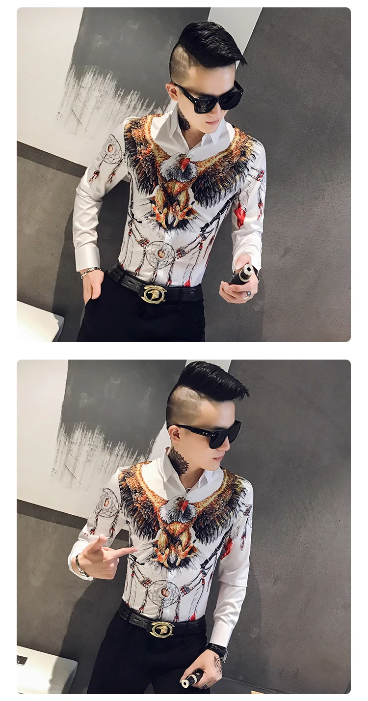 Осенняя мужская Модная приталенная рубашка с коротким рукавом Camisa Masculina, Повседневная Уличная Мужская рубашка с принтом орла