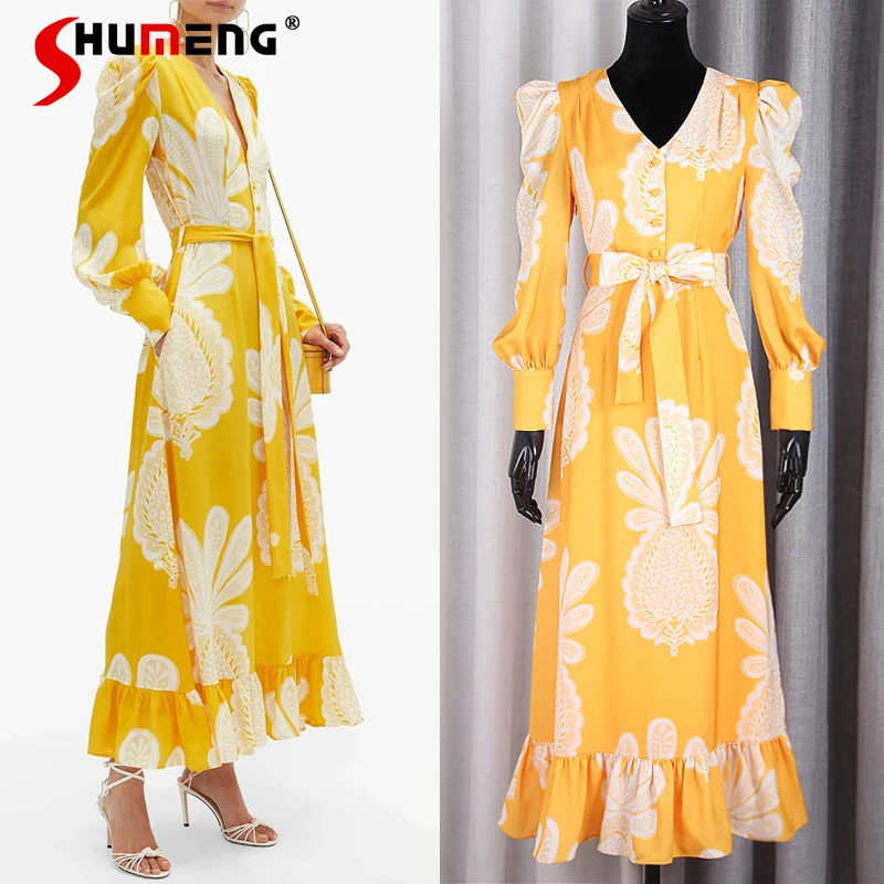 

2021 Spring Summer New Ladies Fashion European Style Long Sleeve Anke-length Dress Women French Floral Slim Waist Elegant Dress