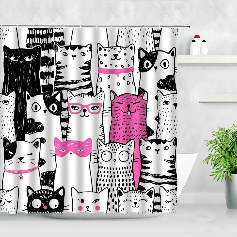

Cute Cat Dog Shower Curtains Cartoon Funny Animals Nordic Style Modern Children Bathroom Decor Waterproof Cloth Bath Curtain Set