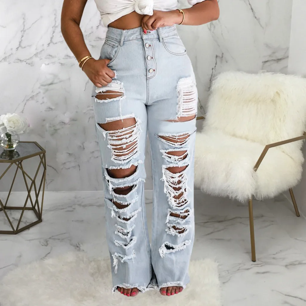 Женские джинсы с высокой талией прямые выбеленные карманами и дырками