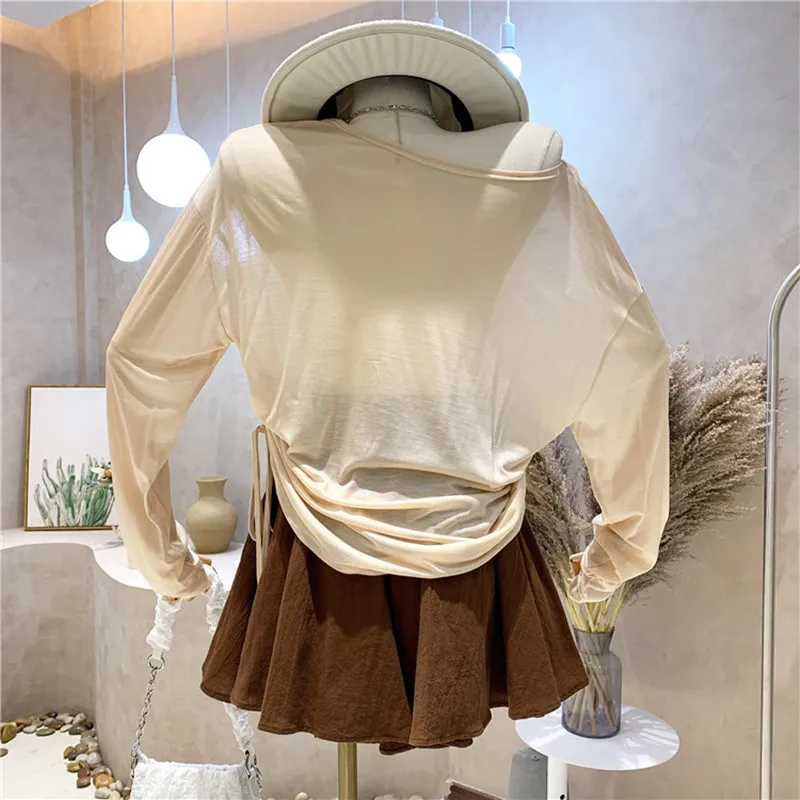 

New Women's Clothing 2021 Summer Long sleeve thin sunscreen T-shirt + High Waist Wide Leg shorts Pants Two piece set