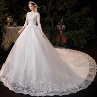 luxury big sweep train pure white wedding dress 2022 new simple o neck three quarter sleeve lace flower plus size bridal gown