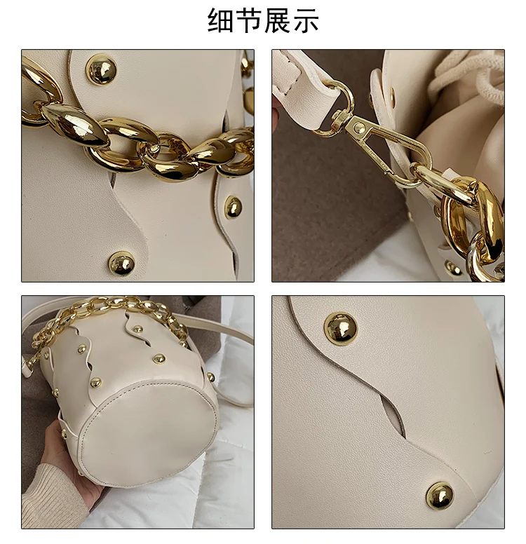 

Fashion PU Leather Women Drawstring Bucket Shoulder Bag Luxury Design Ladies Rivet Chain Crossbody Bags Female Small Handbags