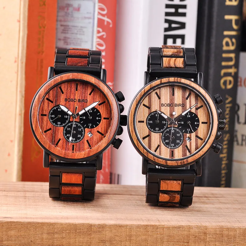 BOBO BIRD деревянные часы для мужчин Секундомер Хронограф relojes hombre Показать дату деревянные кварцевые наручные часы Мужские часы в подарочной коробке