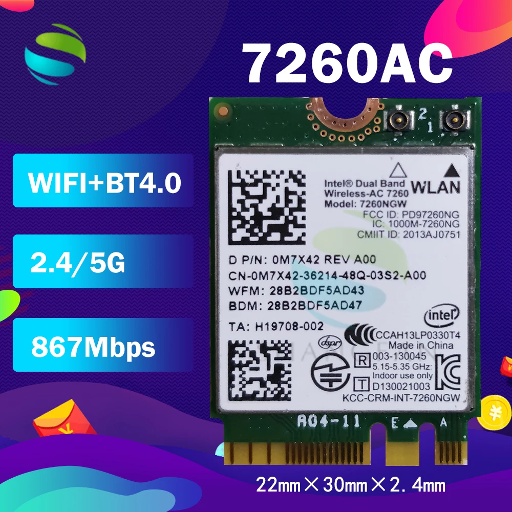 

WIFI CARD for Intel Dual Band Wireless-AC 7260NGWAC 7260NGW 7260AC NGFF Bluetooth4.0 867Mbps Wlan Card for dell XPS 13 15