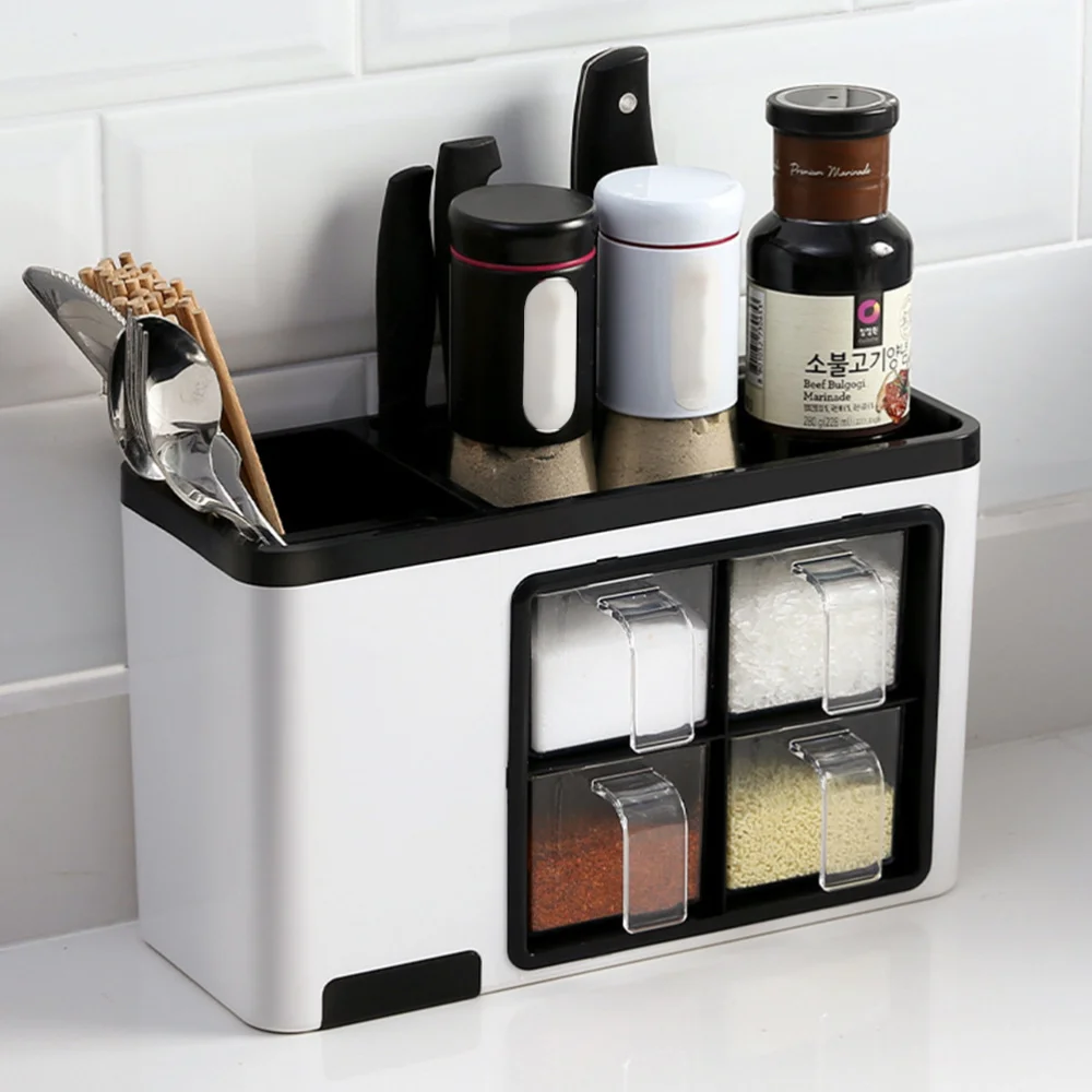 

1pc Multifunctional Seasoning Box Wall Mounted Spice Storage Box Punch Storage Case Separated Condiment Spice Box (Wh