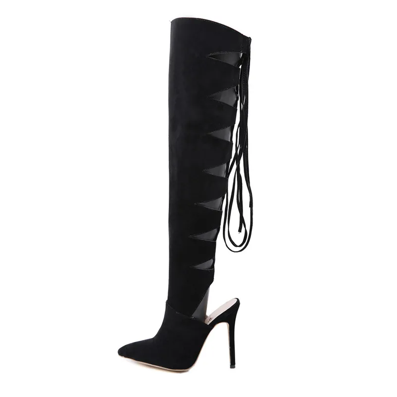 

2018 Women Over The Knee High Warm Strap Stiletto Pumps Female Rubber Block Heels Tight Boots Lady Lace Up Black Shoes