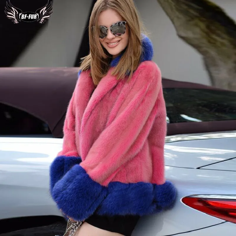 BFFUR Rose Red Real Mink Fur Coats Women Natural Winter Fashion Whole Skin Genuine Mink Fur Jackets With Fox Fur Cuffs Outfit